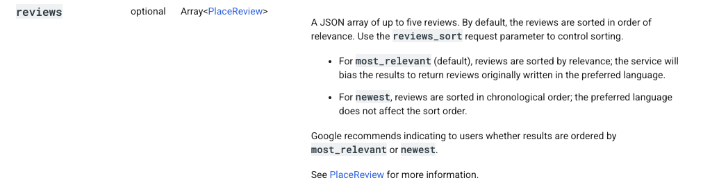 Google Places API reviews field — max 5 reviews per request